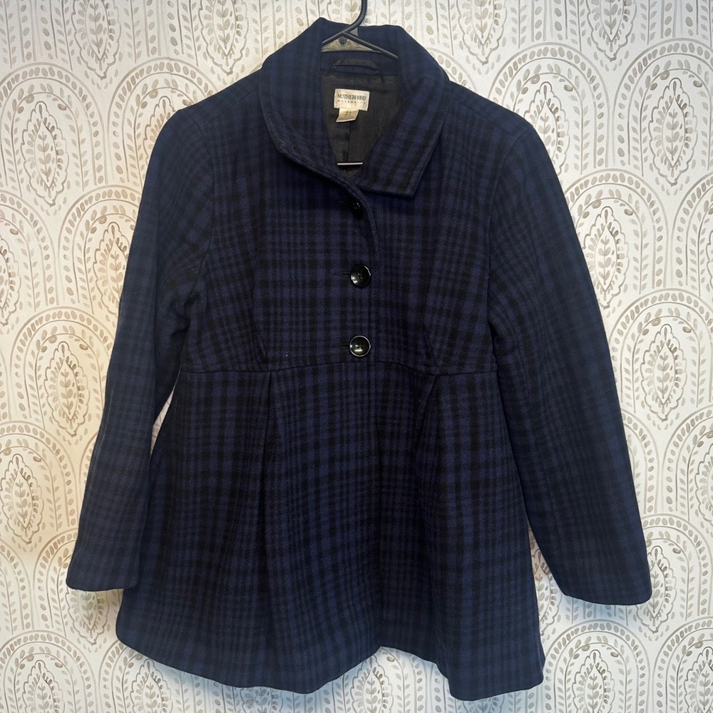 Motherhood Maternity Plaid Pea Coat Jacket Navy Blue Women's Size S Wool‎ Blend